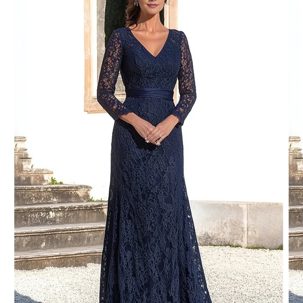 NWT Mother Of The Bride Long Sleeve floor Length Navy Lace Dress